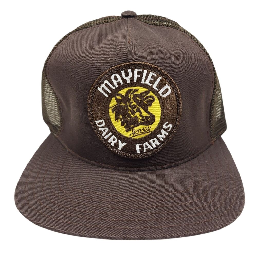 Vtg Mayfield Dairy Farm Ball Cap Hat Brown Advertising Cow Milk Agriculture